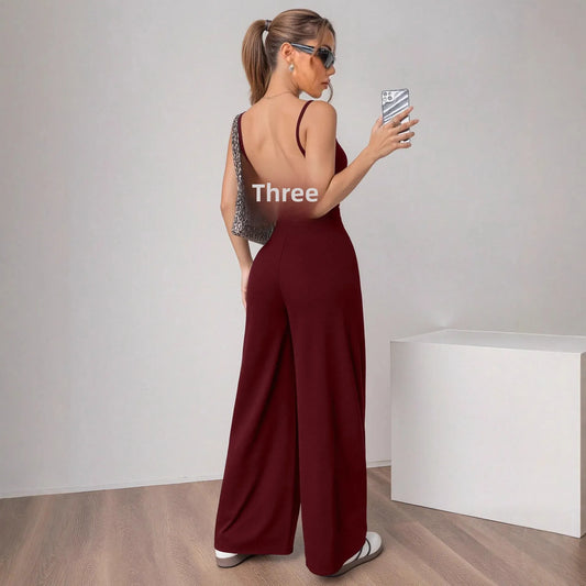Fashionable Solid Color High Waist Bell Bottom Jumpsuit Backless Strap Casual Women's Long Pants One Piece Suit Female