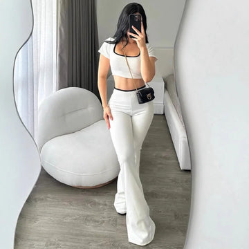New Pure Color Casual Sports Style Slim Fit Short Sleeve Bell Bottom Pants Set Polyester Fiber Made in China Women's Wear