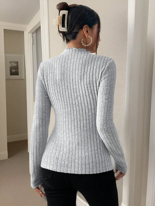 Black fungus edge semi high neck knitted base shirt, fashionable long sleeved top for spring, autumn and winter