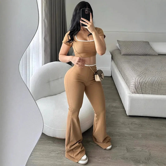 New Pure Color Casual Sports Style Slim Fit Short Sleeve Bell Bottom Pants Set Polyester Fiber Made in China Women's Wear